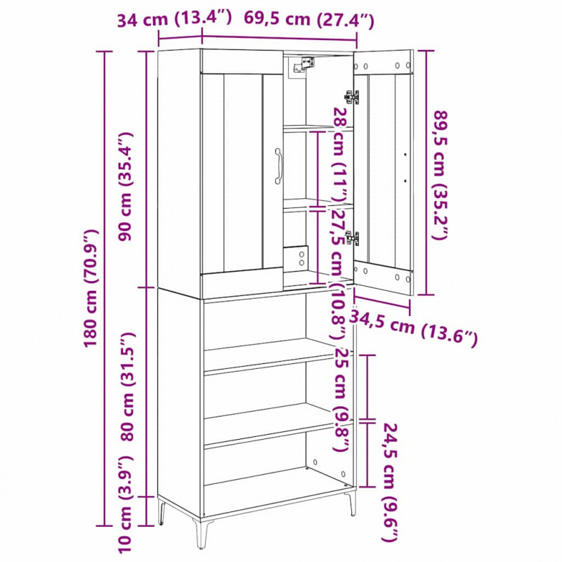 Highboard Montowane na ścianie Stare drewno 69,5 x 34 x 180 cm