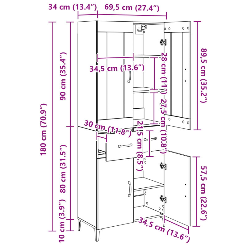 Highboard Czarny Dąb 69,5 x 34 x 180 cm Materiał drewnopochodny