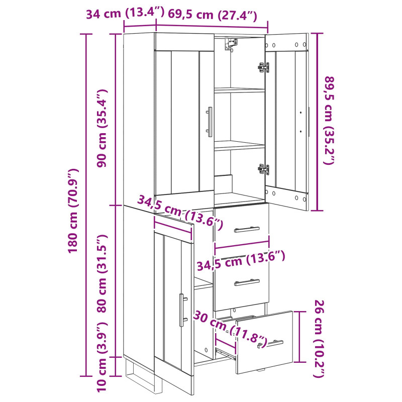 Highboard z szufladą 2 pcs Stare drewno Materiał drewnopochodny