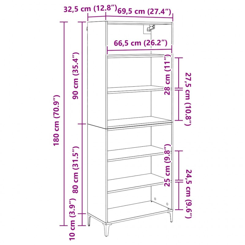 Highboard Czarny Dąb 69,5 x 34 x 180 cm Materiał drewnopochodny