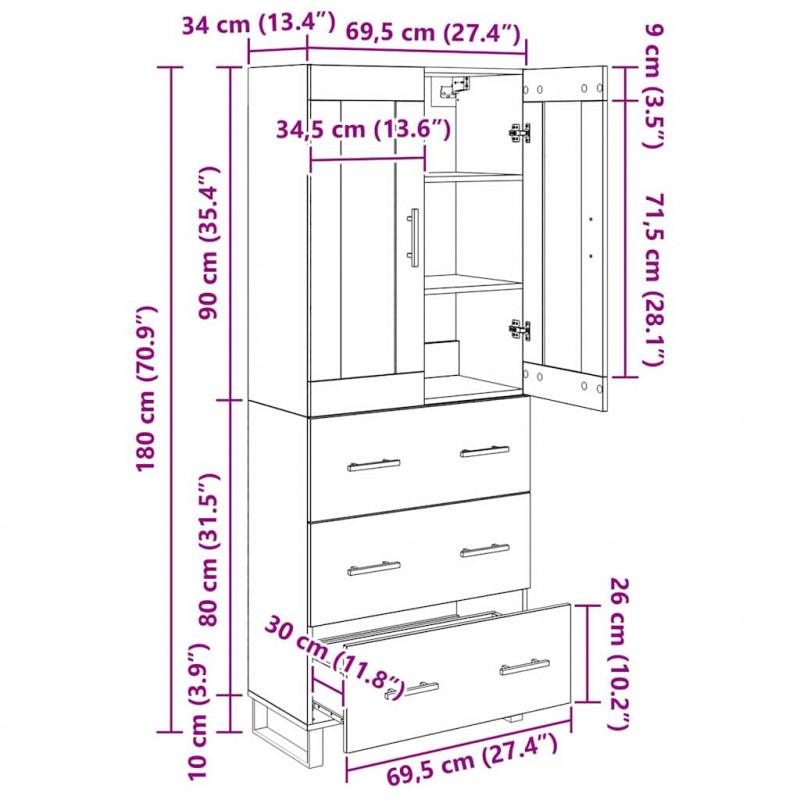 Highboard z szufladą 2 pcs Stare drewno Materiał drewnopochodny