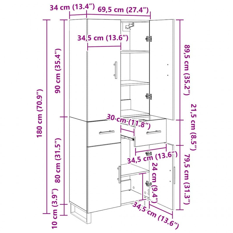 Highboard z szufladą 2 pcs Czarny Dąb 69,5 x 34 x 180 cm