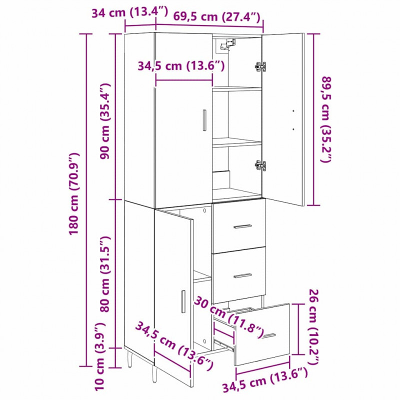 Highboard 2 pcs Stare drewno Drewno inżynieryjne i szkło