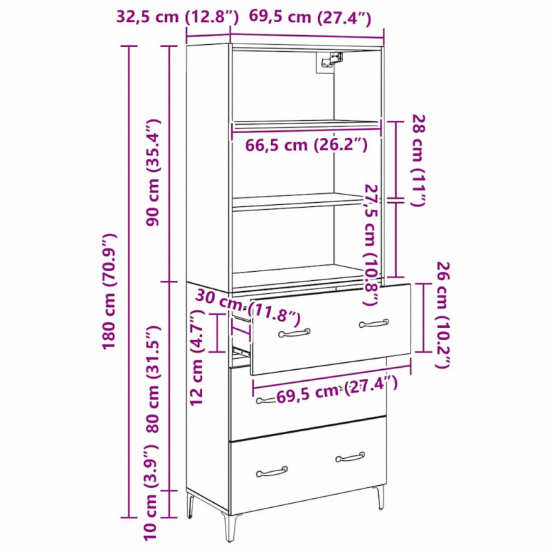 Highboard Czarny Dąb 69,5 x 34 x 180 cm Materiał drewnopochodny