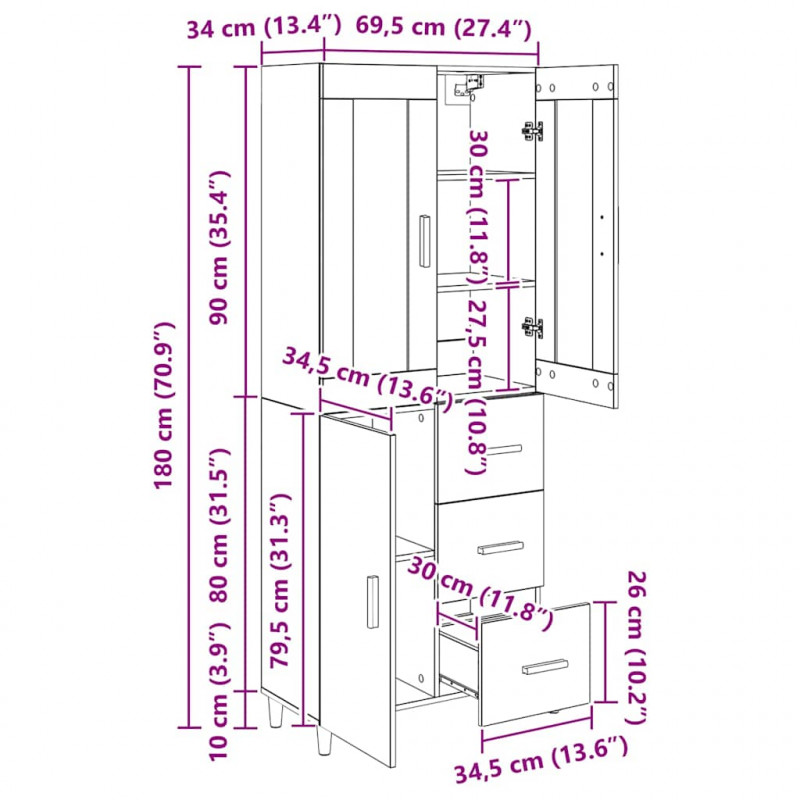 Highboard z szufladą Stare drewno 69,5 x 34 x 180 cm