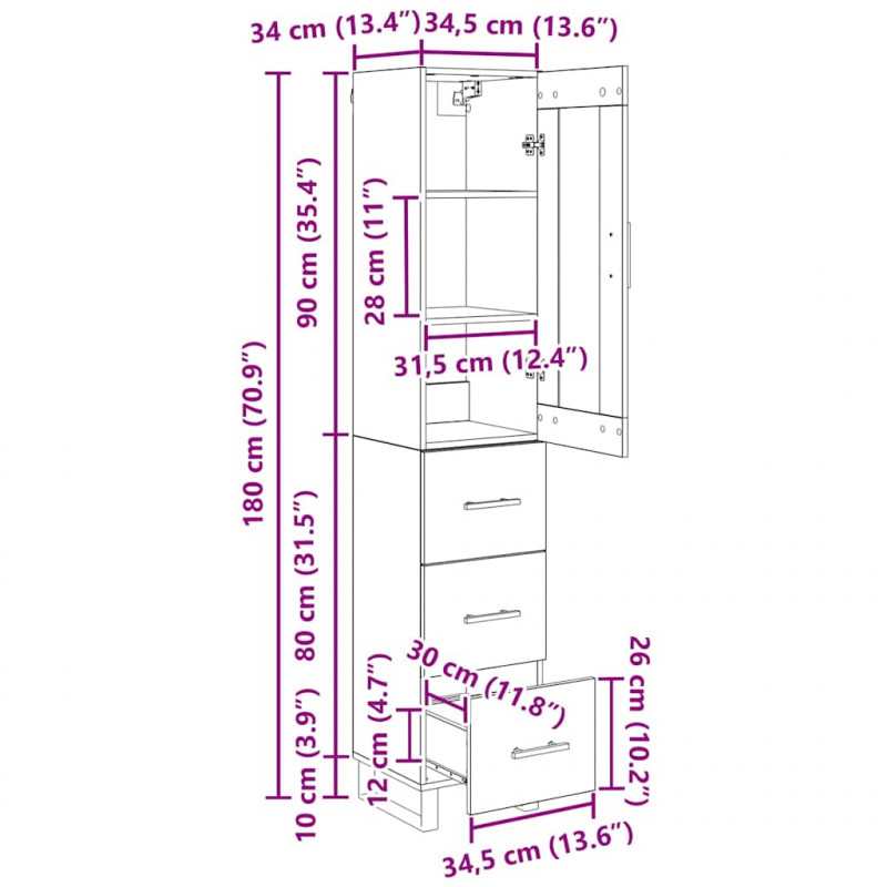 Highboard z szufladą Stare drewno 34,5 x 34 x 180 cm