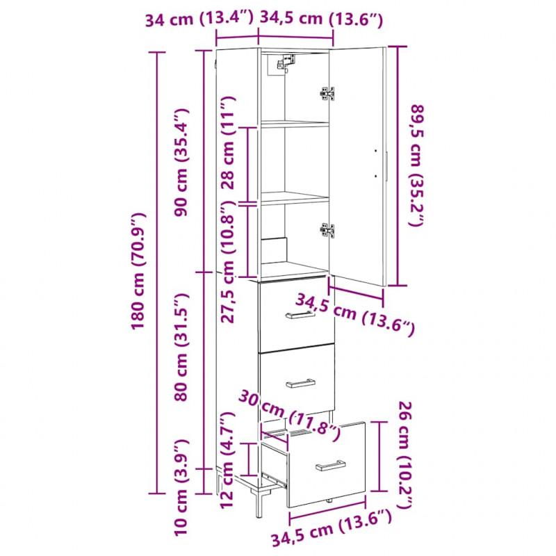 Highboard z szufladą Stare drewno 69,5 x 34 x 180 cm