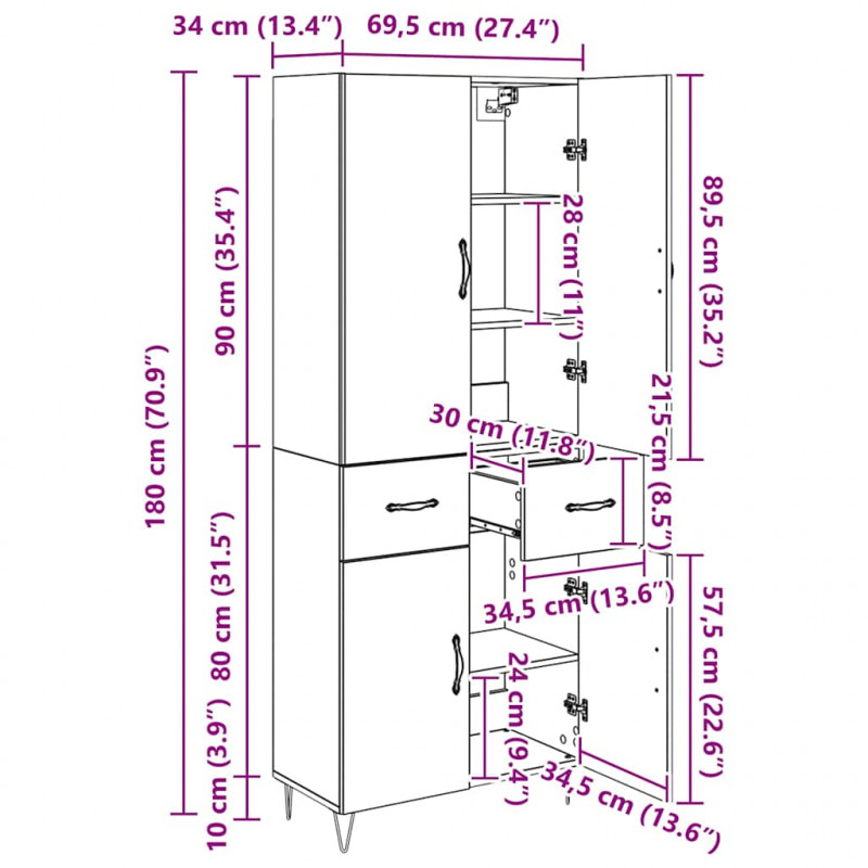 Highboard 2 pcs Czarny Dąb Drewno inżynieryjne i szkło