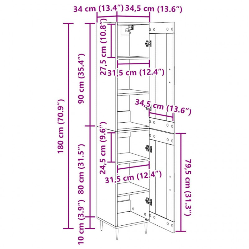 Highboard 2 pcs Czarny Dąb Szkło
