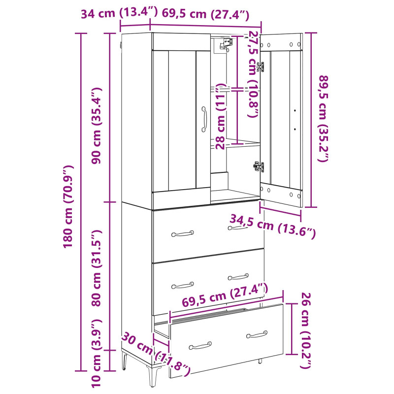 Highboard Montowane na ścianie Stare drewno 69,5 x 34 x 180 cm