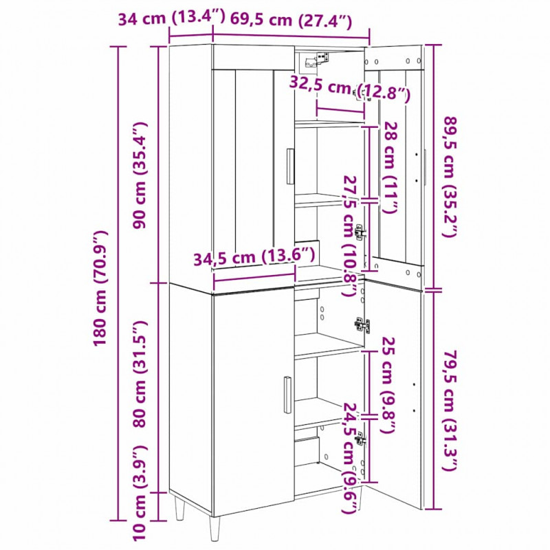 Highboard Czarny Dąb 69,5 x 34 x 180 cm