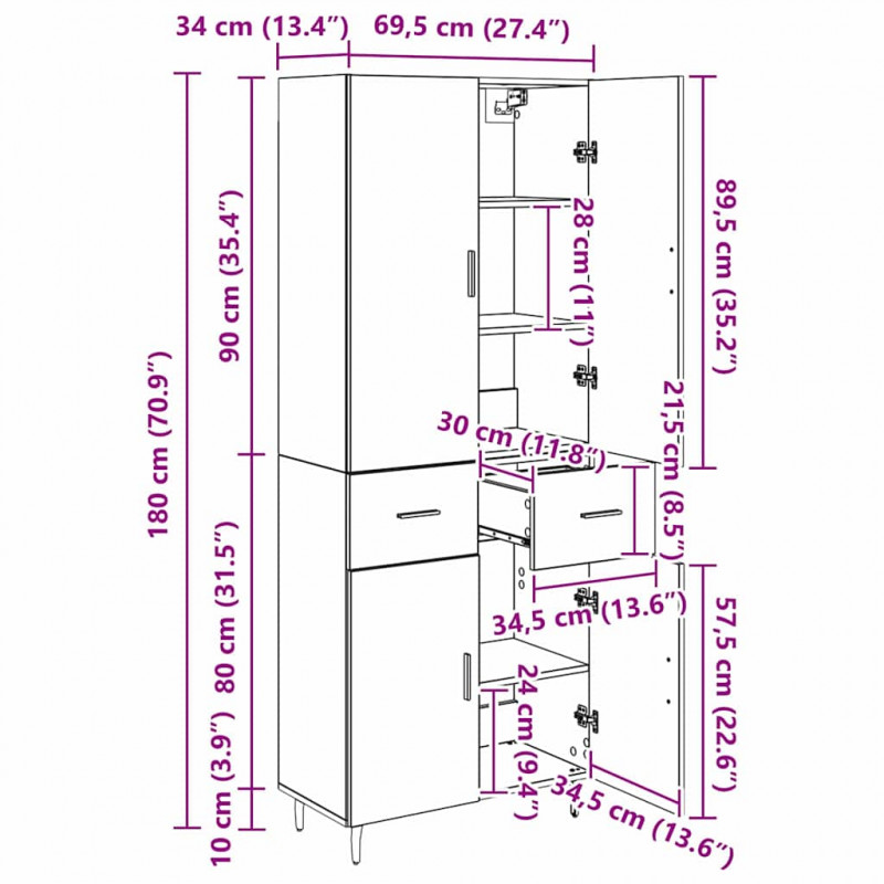 Highboard 2 pcs Czarny dąb Drewno inżynieryjne i szkło