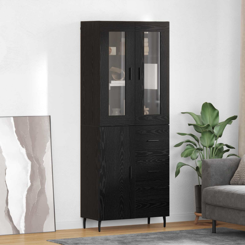 Highboard 2 pcs Czarny Dąb Drewno inżynieryjne i szkło