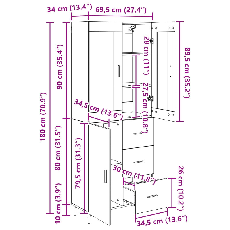 Highboard 2 pcs Czarny Dąb Drewno inżynieryjne i szkło