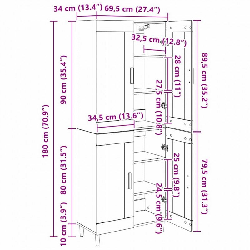 Highboard Czarny Dąb 69,5 x 34 x 180 cm Materiał drewnopochodny