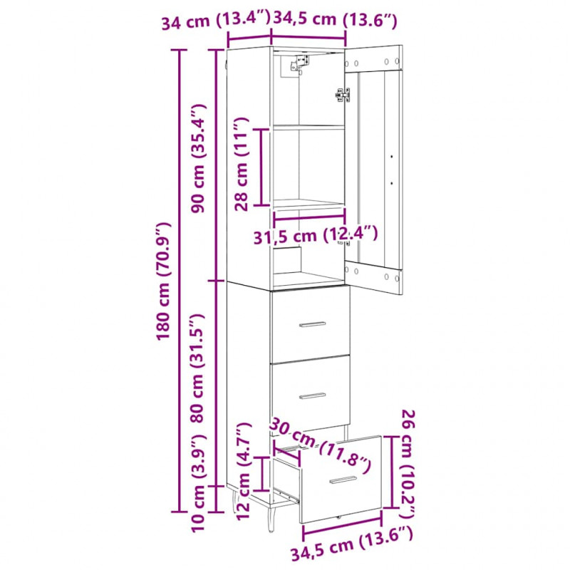 Highboard z szufladą Stare drewno 34,5 x 34 x 180 cm
