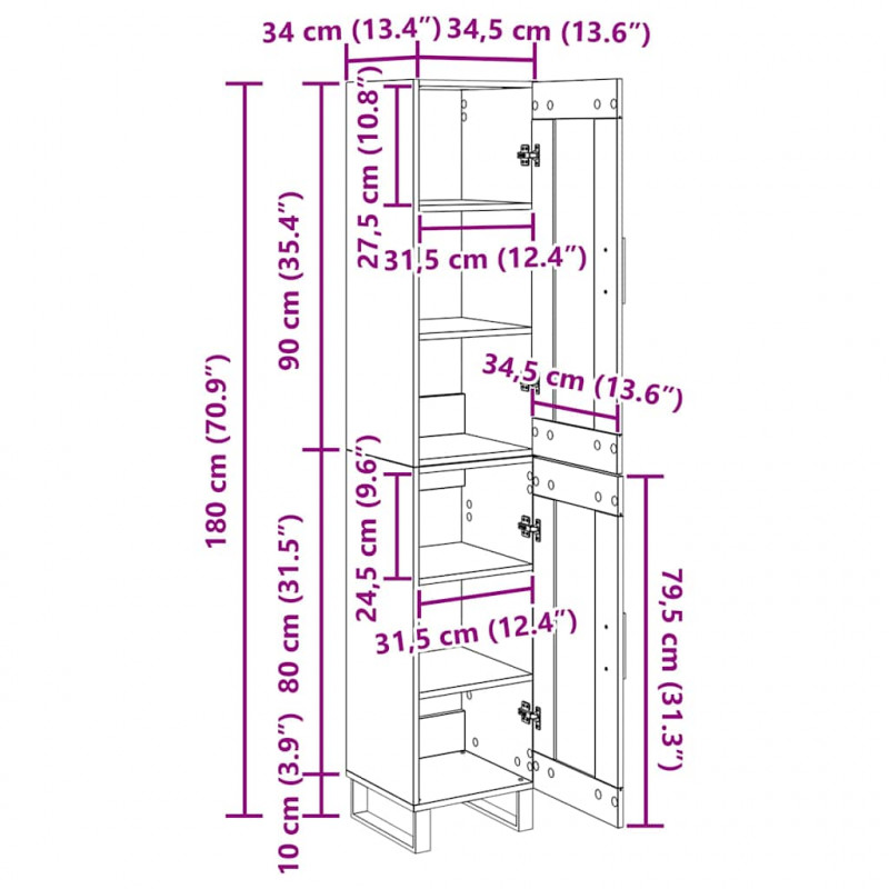 Highboard Czarny Dąb 34,5 x 34 x 180 cm Materiał drewnopochodny