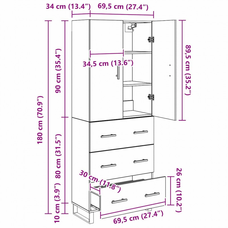 Highboard z szufladą 2 pcs Stare drewno 69,5 x 34 x 180 cm