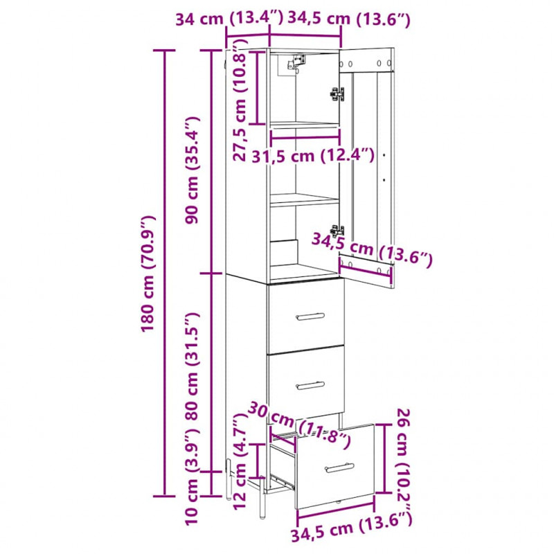 Highboard Czarny Dąb 34,5 x 34 x 180 cm Materiał drewnopochodny