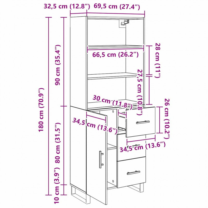Highboard Czarny Dąb 69,5 x 34 x 180 cm Materiał drewnopochodny