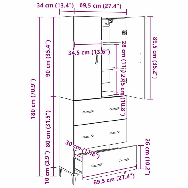 Highboard Montowane na ścianie Stare drewno 69,5 x 34 x 180 cm