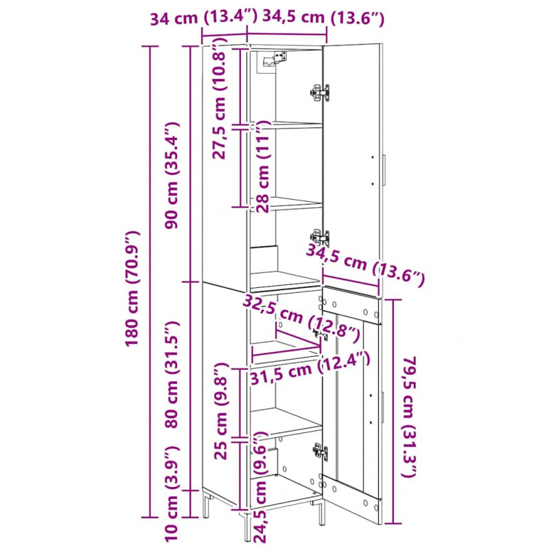 Highboard Czarny Dąb 34,5 x 34 x 180 cm Materiał drewnopochodny