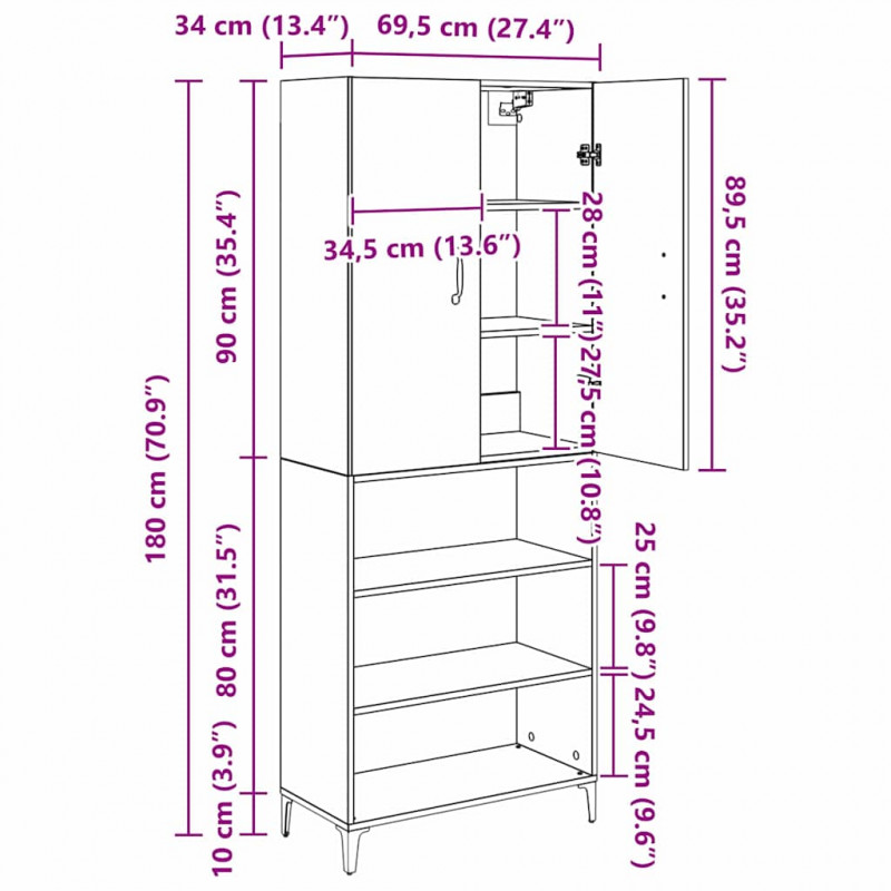 Highboard Montowane na ścianie Stare drewno 69,5 x 34 x 180 cm