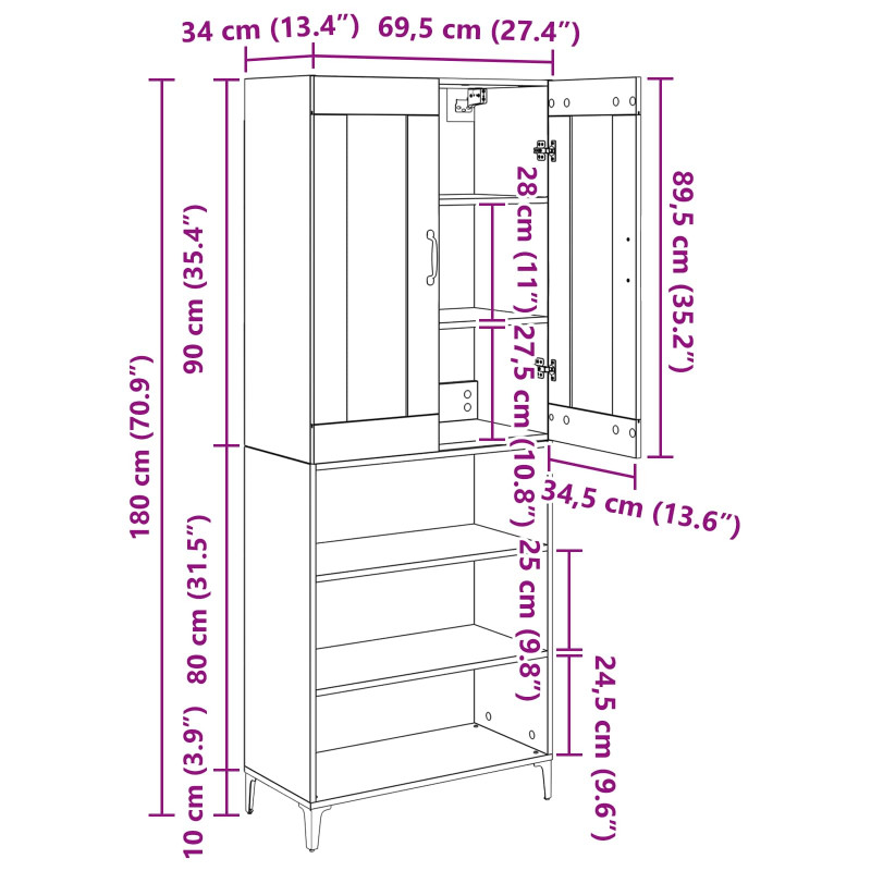 Highboard Czarny Dąb 69,5 x 34 x 180 cm Materiał drewnopochodny