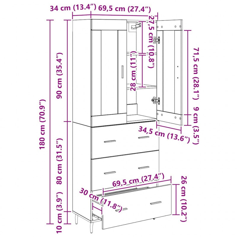 Highboard z szufladą 2 pcs Stare drewno Materiał drewnopochodny