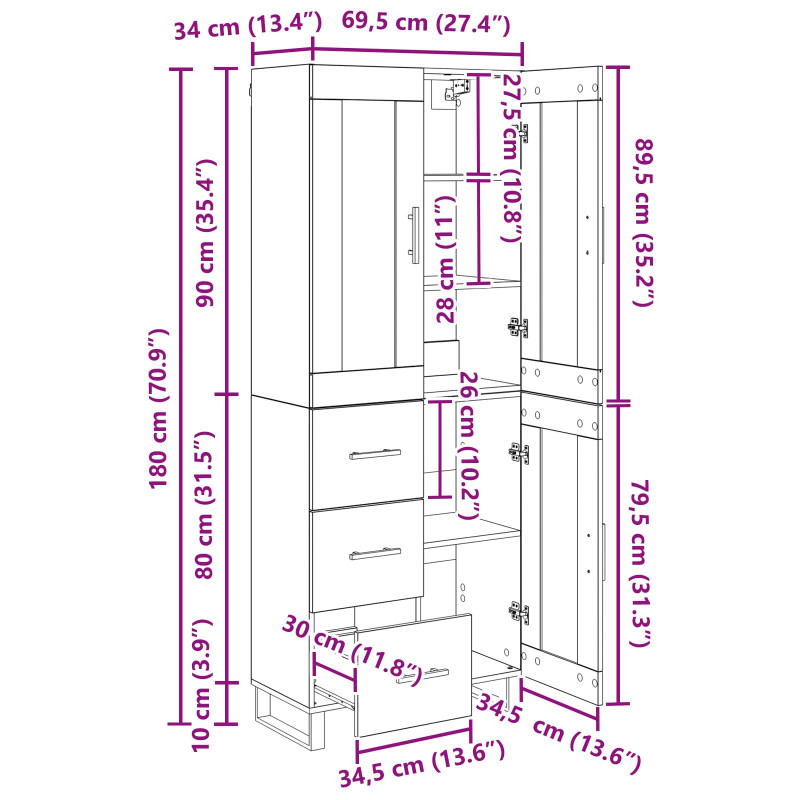 Highboard 2 pcs Czarny Dąb Drewno inżynieryjne i szkło