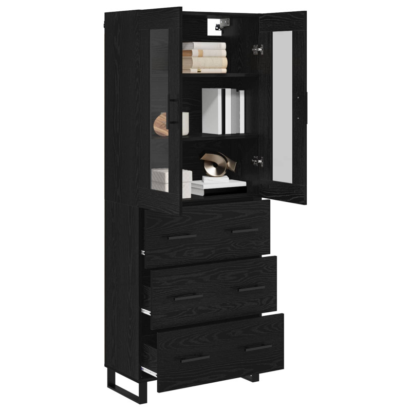Highboard 2 pcs Czarny Dąb Drewno inżynieryjne i szkło