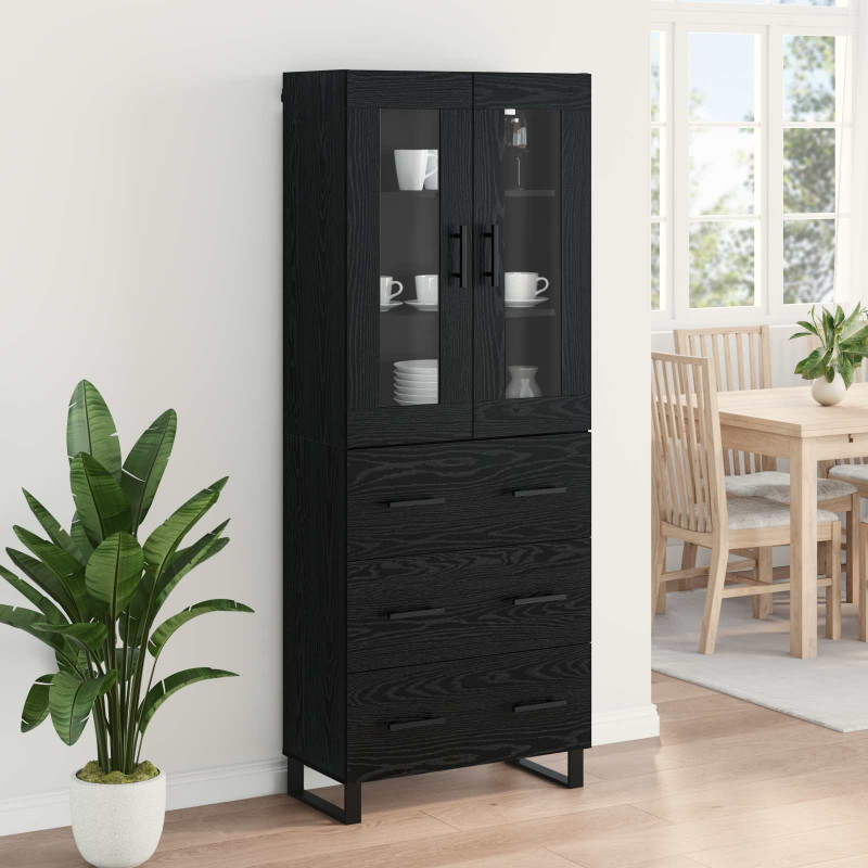 Highboard 2 pcs Czarny Dąb Drewno inżynieryjne i szkło