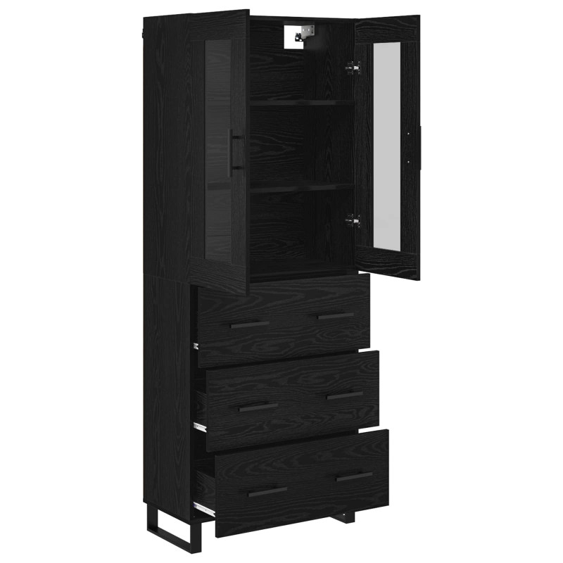 Highboard 2 pcs Czarny Dąb Drewno inżynieryjne i szkło