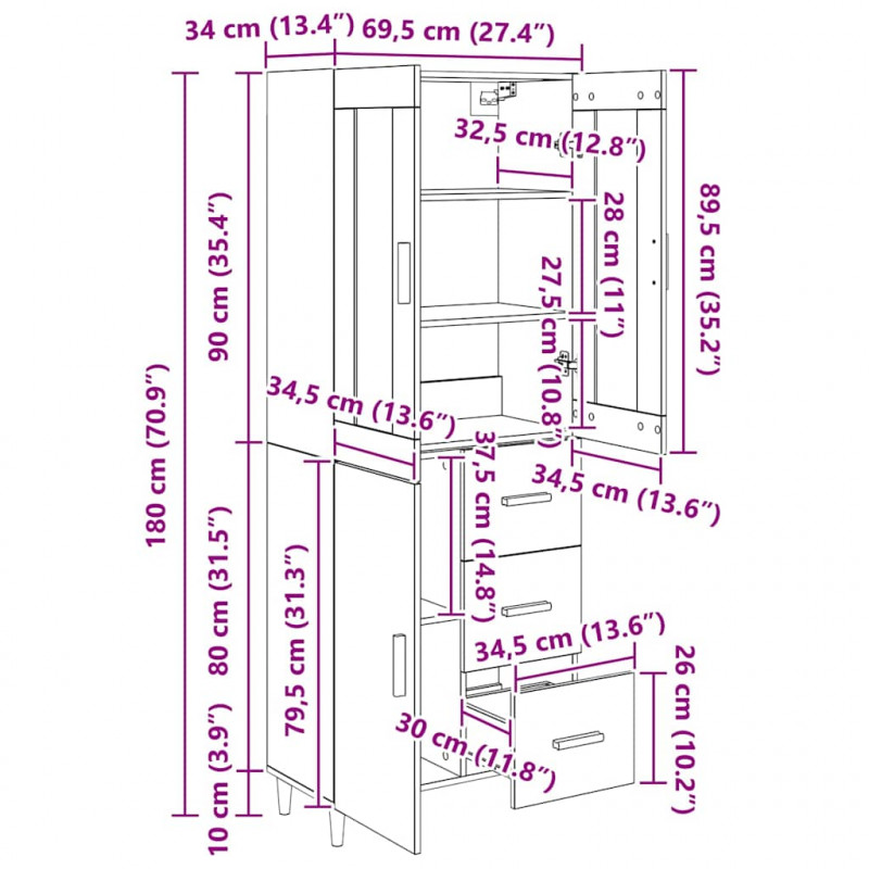 Highboard Czarny Dąb 34,5 x 34 x 180 cm Materiał drewnopochodny