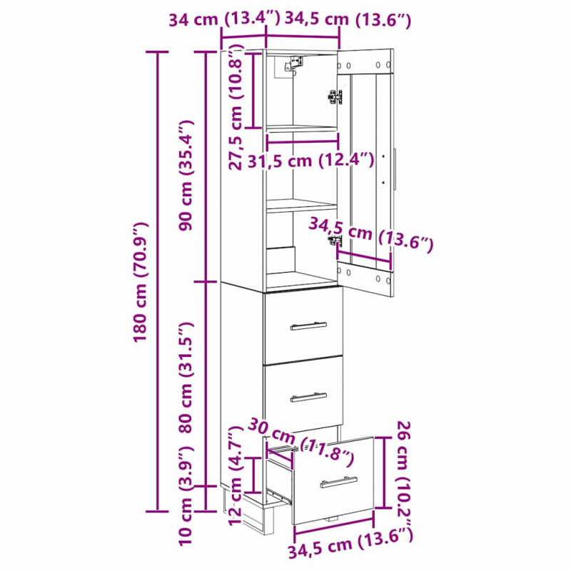 Highboard Czarny Dąb 34,5 x 34 x 180 cm Materiał drewnopochodny