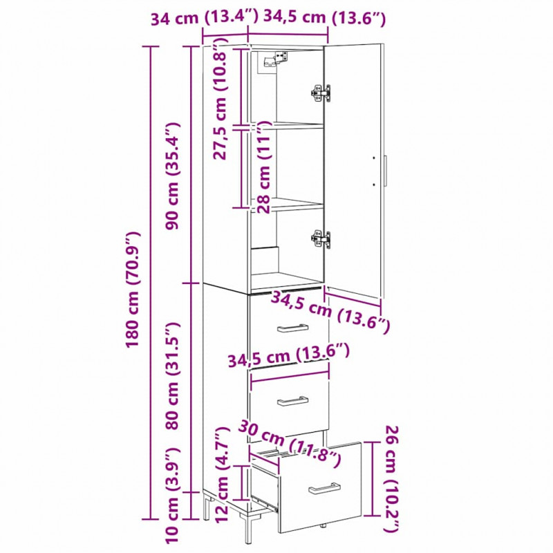 Highboard Czarny Dąb 34,5 x 34 x 180 cm Materiał drewnopochodny