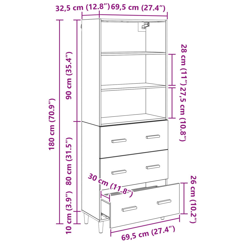 Highboard z szufladą Stare drewno 69,5 x 32,5 x 180 cm