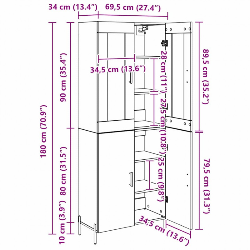 Highboard Montowane na ścianie Stare drewno 69,5 x 34 x 180 cm