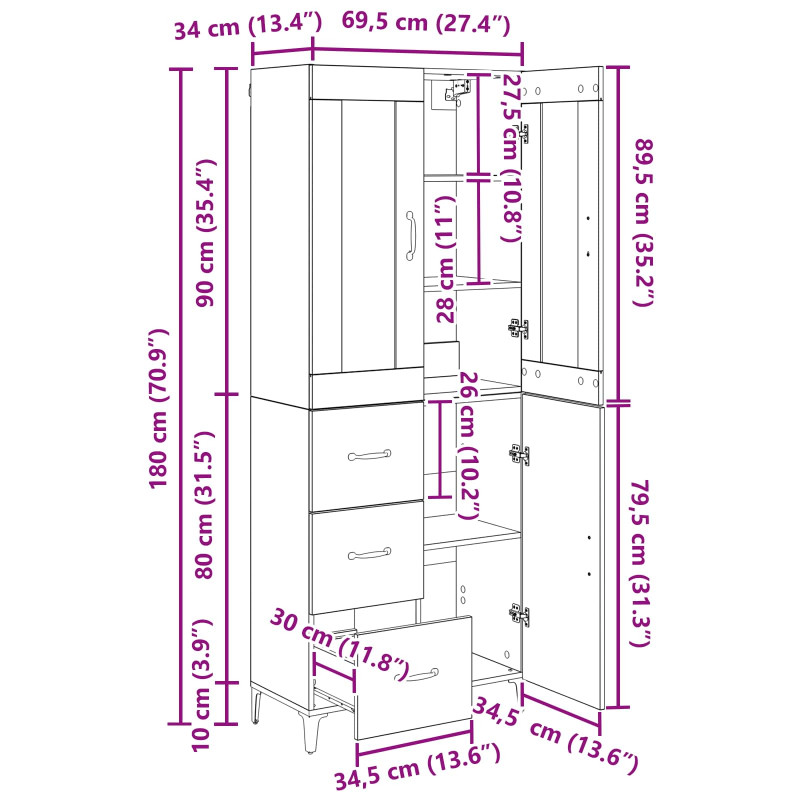Highboard Czarny Dąb 69,5 x 34 x 180 cm Materiał drewnopochodny