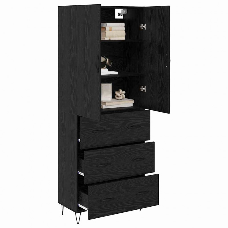 Highboard 2 pcs Czarny Dąb Drewno inżynieryjne i szkło