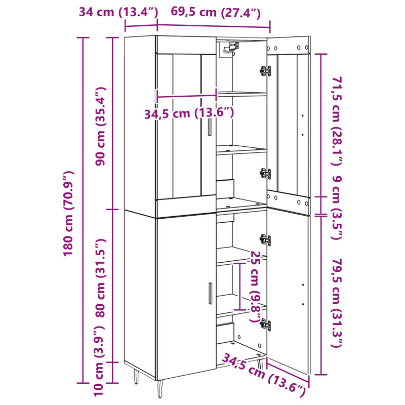 Highboard 2 pcs Czarny Dąb Materiał drewnopochodny