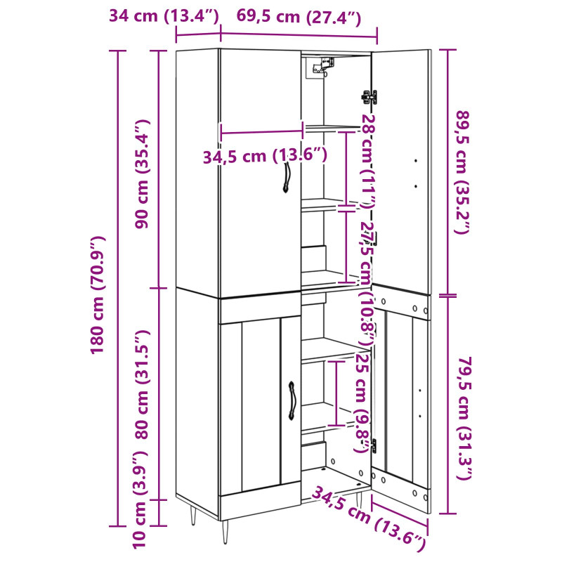 Highboard Montowane na ścianie Stare drewno 69,5 x 34 x 180 cm