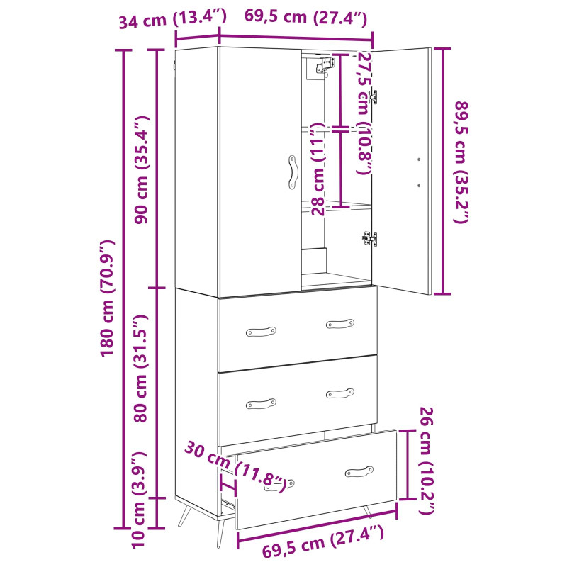 Highboard Czarny Dąb 69,5 x 34 x 180 cm Materiał drewnopochodny