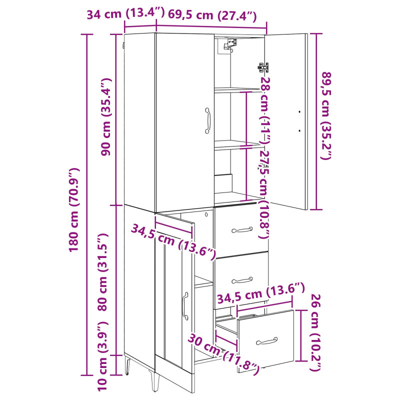 Highboard Czarny Dąb 69,5 x 34 x 180 cm Materiał drewnopochodny