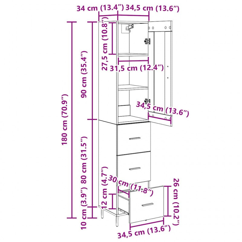 Highboard Czarny Dąb 34,5 x 34 x 180 cm Materiał drewnopochodny