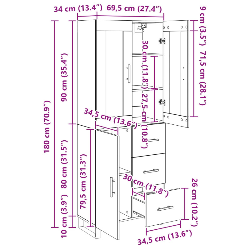 Highboard z szufladą Stare drewno 69,5 x 34 x 180 cm