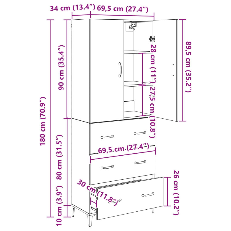 Highboard Czarny Dąb 69,5 x 34 x 180 cm Materiał drewnopochodny
