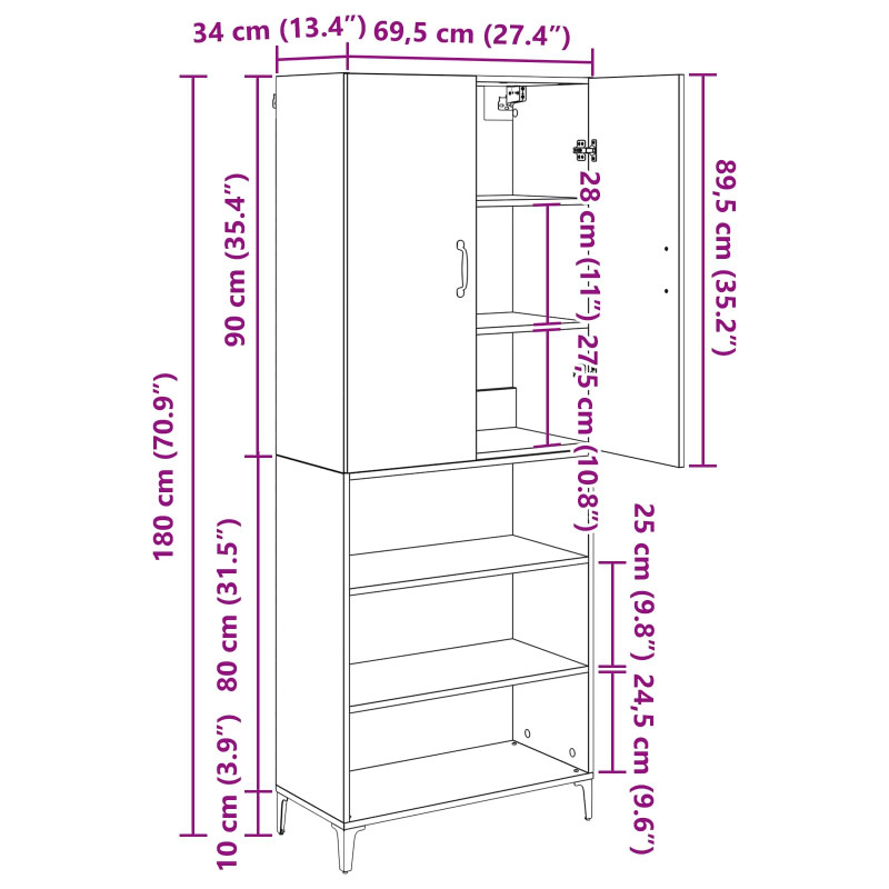 Highboard Czarny Dąb 69,5 x 34 x 180 cm Materiał drewnopochodny