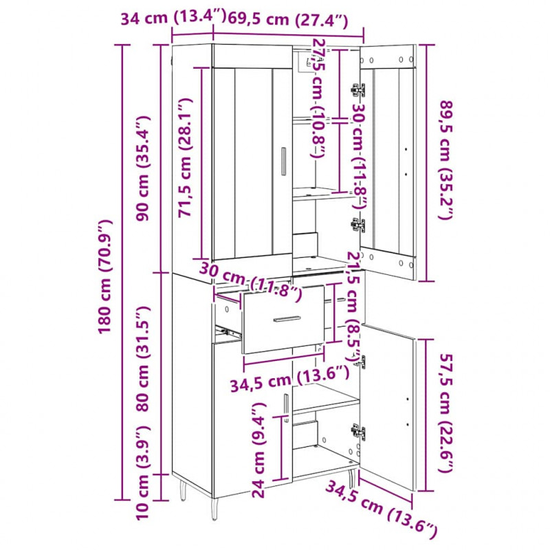 Highboard z szufladą 2 pcs Czarny Dąb Materiał drewnopochodny