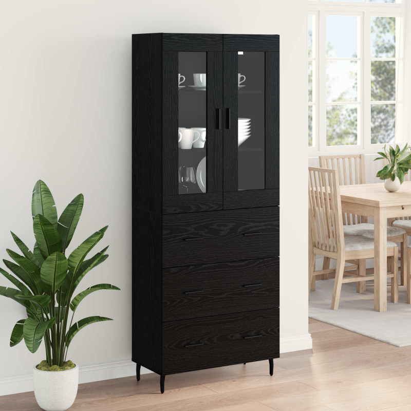 Highboard 2 pcs Czarny Dąb Drewno inżynieryjne i szkło